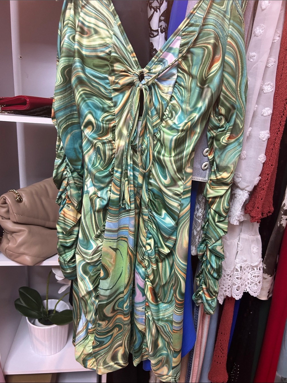 Green Marble-Print Ruched Tie-Front Women’s Dress
